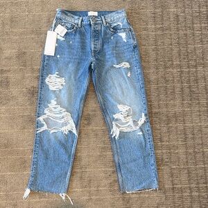 Free People Blue Distressed Straight Leg Jeans